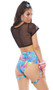 High waist, high cut shorts feature a colorful block print, cheeky cut back and thigh straps.