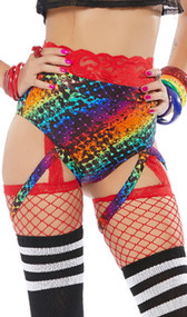 High waist, high cut shorts feature a metallic rainbow print, cheeky cut back and thigh straps.
