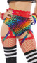 High waist, high cut shorts feature a metallic rainbow print, cheeky cut back and thigh straps.