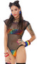 Sheer mesh hooded bodysuit features metallic rainbow print panels, cap sleeves, high cut front and cheeky cut back. Crotch has adjustable hook and eye closure.