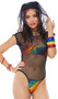 Sheer mesh hooded bodysuit features metallic rainbow print panels, cap sleeves, high cut front and cheeky cut back. Crotch has adjustable hook and eye closure.