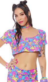 Palm tree print short sleeve cold shoulder crop top with crew neck.