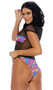 Sheer mesh hooded bodysuit features colorful palm tree print panels, cap sleeves, high cut front and cheeky cut back. Crotch has adjustable hook and eye closure.