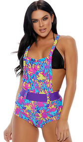 Colorful palm tree print overall shorts with functional pouch pocket, criss cross non-adjustable straps, closed crotch and matching detachable belt with hook and loop closure.