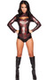 Webbed Warrior costume includes long sleeve spider web print bodysuit with metallic panels, mock neck, front cut out and back zipper. One piece set.