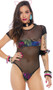 Sheer mesh hooded bodysuit features colored palm tree leaf print panels, cap sleeves, high cut front and cheeky cut back. Crotch has adjustable hook and eye closure.