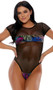 Sheer mesh hooded bodysuit features colored palm tree leaf print panels, cap sleeves, high cut front and cheeky cut back. Crotch has adjustable hook and eye closure.