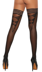 Sheer thigh high stockings with sheer striped elastic top and back side argyle like pattern.