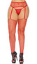 Fence net garter belt with adjustable garters and matching stockings.