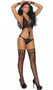 Crochet mesh cut out teddy features strappy details, V neckline, halter neck and open back. Matching thigh high stockings included. Two piece set.
