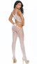 Crochet net crotchless bodystocking with strappy cut out midsection, flower petal design, and triple shoulder straps.