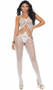 Crochet net crotchless bodystocking with strappy cut out midsection, flower petal design, and triple shoulder straps.