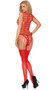 Crochet wide net crotchless bodystocking features strappy cut outs, wide v neckline, wide net shoulder straps and solid sheer stockings. Faux teddy, garter belt and thigh highs design.