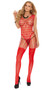 Crochet wide net crotchless bodystocking features strappy cut outs, wide v neckline, wide net shoulder straps and solid sheer stockings. Faux teddy, garter belt and thigh highs design.