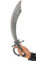 Short curved scimitar style pirate sword with shiny plastic silver blade and black decorative handle.