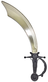 Short curved scimitar style pirate sword with shiny plastic silver blade and black decorative handle.