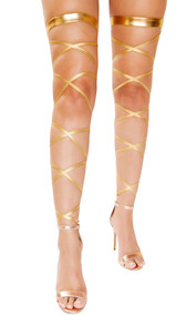 Metallic gold leg straps with attached thigh garter. 100" long straps, wrap around your leg and tie. 2 per package.