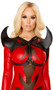 Devil horn holster harness with black wet look straps, double o ring detail, elastic back straps and back hook closure. Horns are padded and measure about 9" tall. Red has a shiny, metallic finish, the black has a wet look finish.
