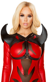 Devil horn holster harness with black wet look straps, double o ring detail, elastic back straps and back hook closure. Horns are padded and measure about 9" tall. Red has a shiny, metallic finish, the black has a wet look finish.