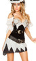 Sexy Shipwrecked Sailor costume includes waist cincher with belt detail and lace up back, beaded bra top with attached sleeves, asymmetrical skirt, grommet belt, and sword. Five piece set.