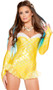 Yellow Mermaid costume includes strapless romper with scale pattern, iridescent mermaid fins, and white trim. One piece set.