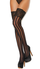 Vertical striped thigh highs with wide lace top.