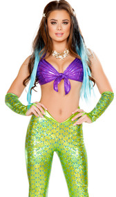 Poseidon's Daughter mermaid costume includes halter tie front crop top with seashell look, and metallic high pants with scale pattern, iridescent mermaid tail flared legs and zipper back. Two piece set.