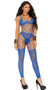 Footless opaque and net bodystocking with spaghetti straps, criss cross cut out details, and closed crotch.