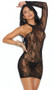 Lace net mini dress with one long sleeve, one shoulder strap tie, opaque sides, and floral design.