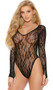 Lace net teddy features scoop neck and back, long sleeves with thumb hole, high cut on the leg, thong cut back, and snap crotch.