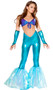Mermaid Vixen costume includes halter tie front crop top with seashell look, and metallic high pants with scale pattern, iridescent mermaid tail flared legs and zipper back. Two piece set.