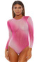Sheer mesh bodysuit features sparkle ombre pattern, long sleeves, zipper back closure, and cheeky cut back. Lined closed crotch.