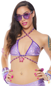 Iridescent triangle string top features pony bead detail, metallic adjustable straps, lined cups and hologram finish. 