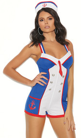Sassie Sailor costume includes sleeveless patriotic colored romper with faux button, mini tie and anchor detail, v neckline, striped criss cross shoulder straps, and keyhole back. Hat also included.  Two piece set.