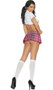 Extra Credit Cutie school girl costume includes short sleeve tie front top with plunging V neckline, pleated plaid mini skirt with hidden zipper, and collar with attached tie and back hook and loop closure. Three piece set.