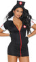 After Dark Nurse costume includes short sleeve mini dress with v neckline, collar, medical cross patches and zipper front. Head piece and gloves also included. Three piece set.