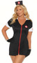 After Dark Nurse costume includes short sleeve mini dress with v neckline, collar, medical cross patches and zipper front. Head piece and gloves also included. Three piece set.