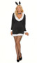 Sexy Bunny costume includes long sleeve mini dress with plunging v neckline and faux fur trim, bow tie and rabbit ears head piece. Three piece set. 
