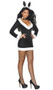 Sexy Bunny costume includes long sleeve mini dress with plunging v neckline and faux fur trim, bow tie and rabbit ears head piece. Three piece set. 