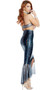 Star of the Sea Mermaid costume includes a sheer metallic halter crop top with starfish applique. Matching high waisted hologram scale maxi skirt with asymmetrical hem and front slit. Two piece set.