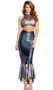 Star of the Sea Mermaid costume includes a sheer metallic halter crop top with starfish applique. Matching high waisted hologram scale maxi skirt with asymmetrical hem and front slit. Two piece set.