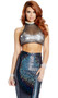 Star of the Sea Mermaid costume includes a sheer metallic halter crop top with starfish applique. Matching high waisted hologram scale maxi skirt with asymmetrical hem and front slit. Two piece set.