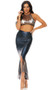 Star of the Sea Mermaid costume includes a sheer metallic halter crop top with starfish applique. Matching high waisted hologram scale maxi skirt with asymmetrical hem and front slit. Two piece set.