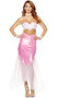 Dainty Dip Mermaid costume includes a shell bra crop top with scalloped edge, white flower detail and back hook and eye closure. Matching hologram scale skirt with asymmetrical hem and tulle contrast. Two piece set.