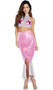 Sea's Candy Mermaid costume includes a sheer metallic halter crop top with starfish applique. Matching high waisted hologram scale maxi skirt with asymmetrical hem and front slit. Two piece set.
