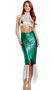 Star Fish Mermaid costume includes a sheer metallic halter crop top with starfish applique. Matching high waisted hologram scale maxi skirt with asymmetrical hem and front slit. Two piece set.