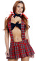 Show and Tell school girl costume includes pleated plaid mini skirt with attached suspenders, bandeau tie front crop top, collar neck piece, and hair bows. Four piece set.