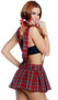 Show and Tell school girl costume includes pleated plaid mini skirt with attached suspenders, bandeau tie front crop top, collar neck piece, and hair bows. Four piece set.