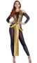 Top of the Pyramid Cleopatra costume includes long sleeve cold shoulder mesh jumpsuit with metallic gold contrast, and belt with drape and blue gem accent. Two piece set.
