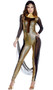 Call Me Cleo Cleopatra costume includes long sleeve metallic illusion jumpsuit with sheer contrast, metallic collar and arm drape. Three piece set.
